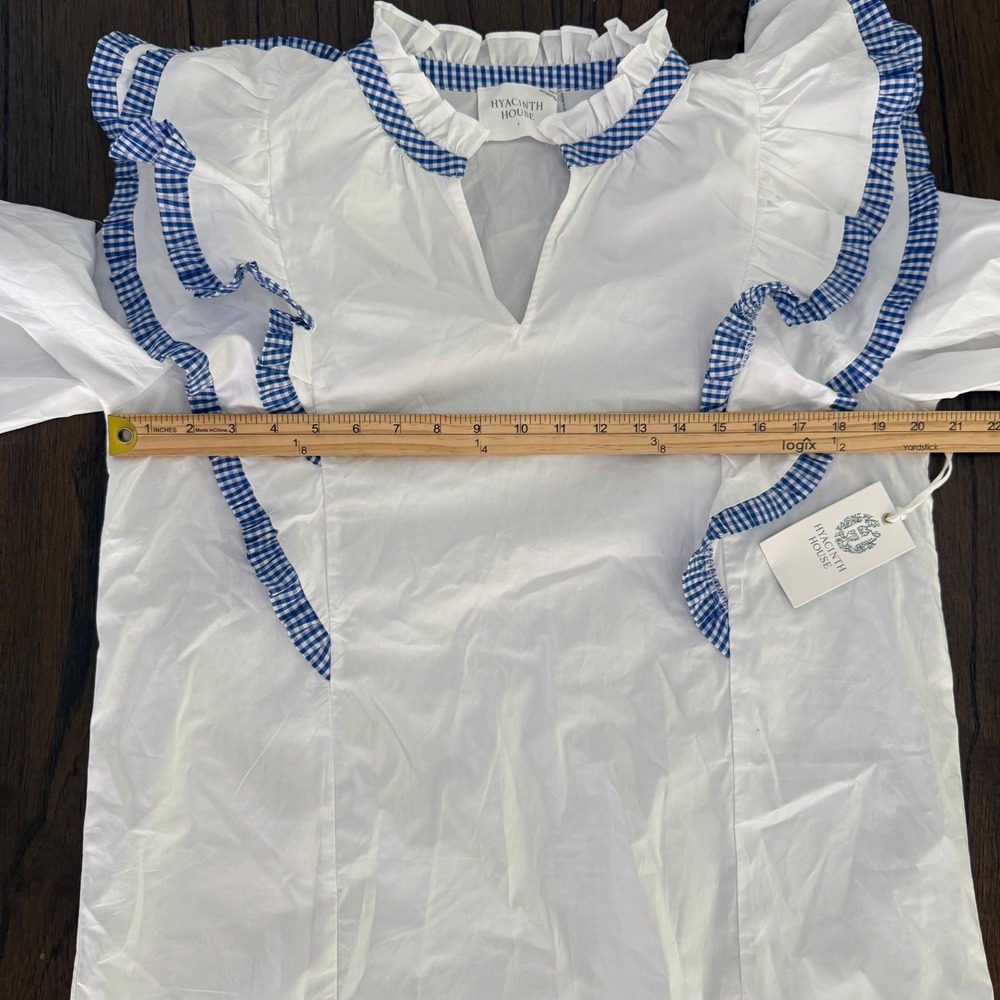 Hyacinth House Tuckernuck White Gingham Ruffle Poplin Blouse Blue Trim Large NEW - Picture 7 of 8